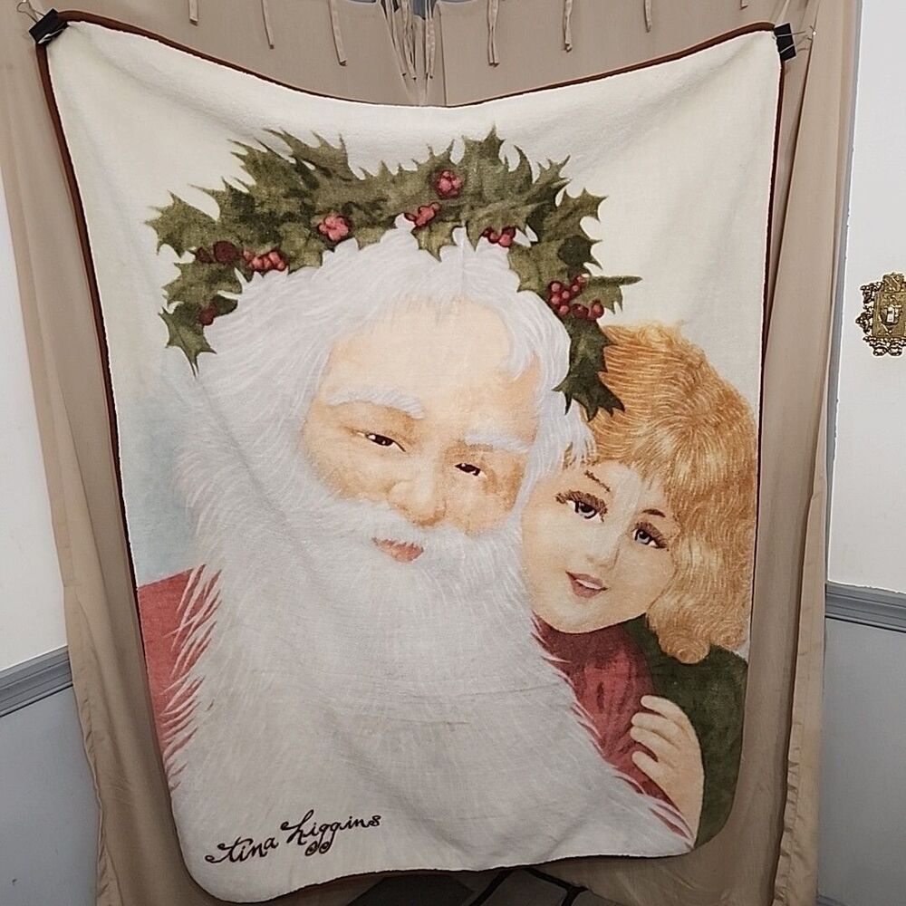 Tina Higgins Christmas Soft Throw Blanket Santa Claus & Blonde Girl Blue Eyes